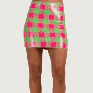 Trina Turk Rico Neon Pink‎ Green Watermelon Checkered Plaid Sequin Mini Skirt 8